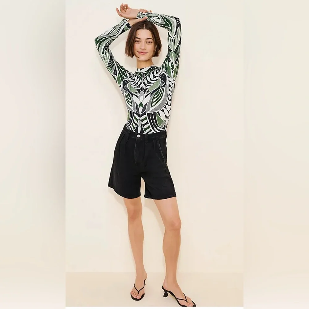 FARM Rio Puff Sleeve Green and Black Bodysuit - Picture 4 of 11